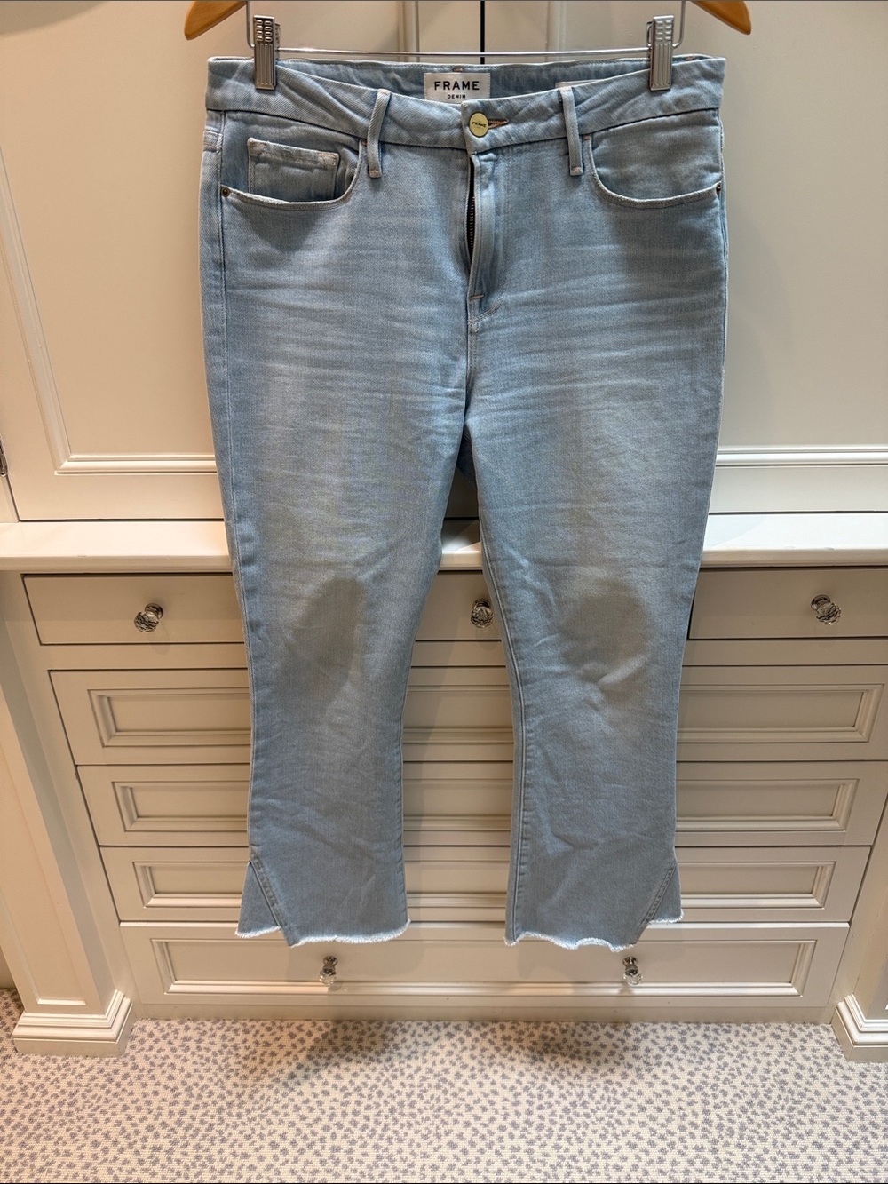 Frame Denim Pale Blue Cropped Kick Flare Jeans with Raw Scalloped Hem